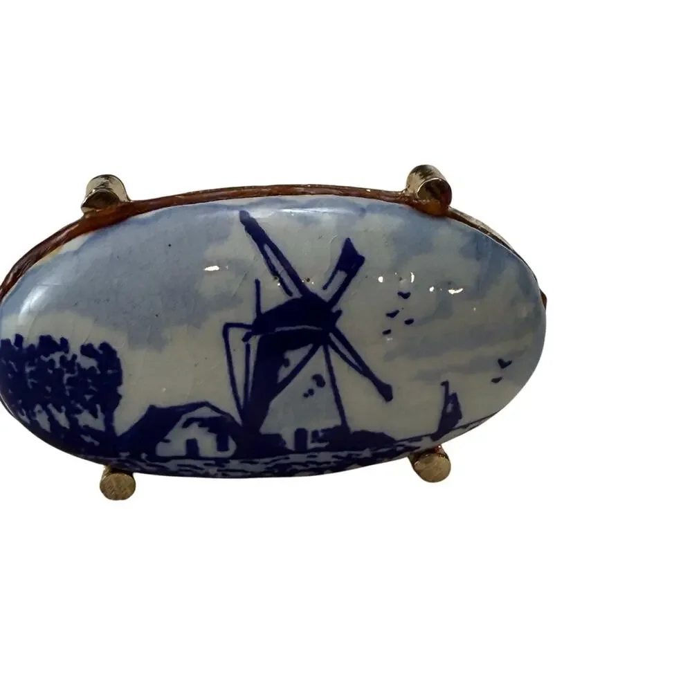 Anson Vintage Dutch Delft Blue White Windmill Cuff Links Gold Tone Back